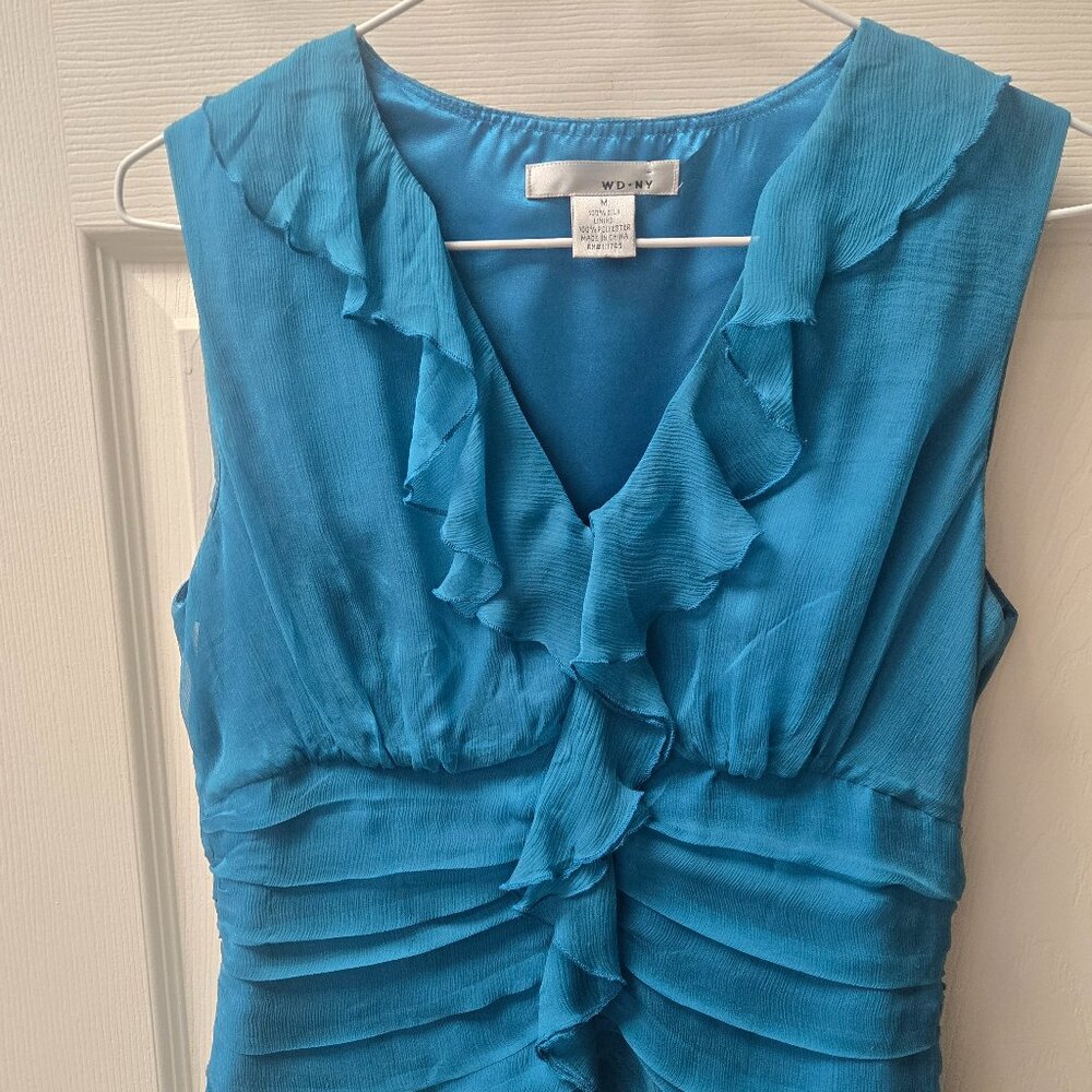 WD-NY 100% Silk Teal Sleeveless Ruffle Blouse Top (M)